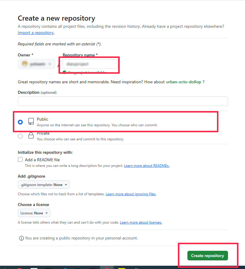 GitHub 새 저장소 이름과 공개 범위를 입력하는 화면