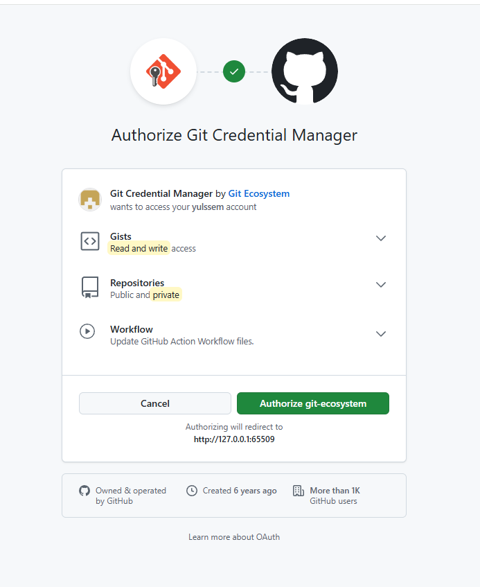 Git Credential Manager의 GitHub 접근 권한을 승인하는 화면